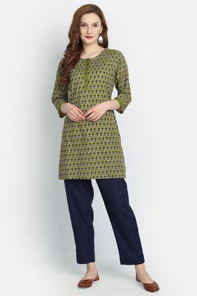 printed cotton boat neck women's casual wear kurti - green