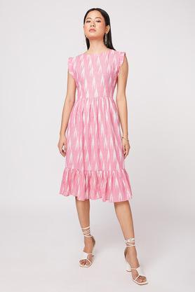 printed cotton boat neck women's maxi dress - pink