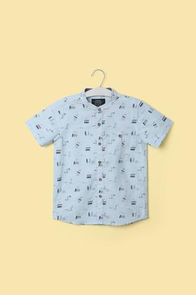 printed cotton collar neck boy's shirt - blue