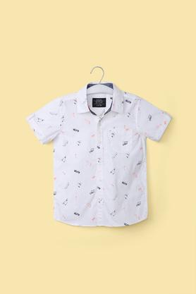 printed cotton collar neck boy's shirt - white