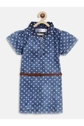 printed cotton collar neck girls top - blue