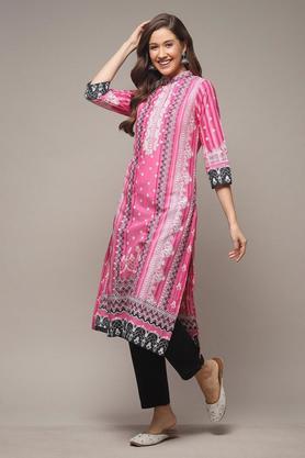 printed cotton collar neck women's kurta - plum