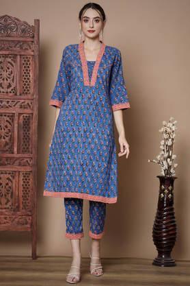 printed cotton collar neck women's kurta trouser set - blue