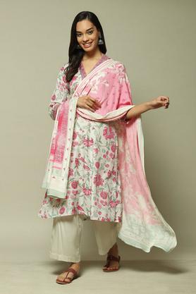 printed cotton collar neck women's salwar kurta dupatta set - pink