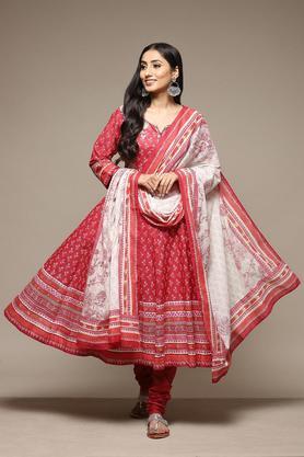 printed cotton collar neck women's salwar kurta dupatta set - red