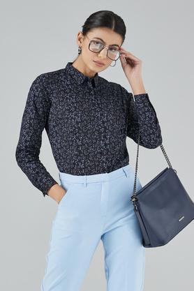 printed cotton collar neck women's shirt - black