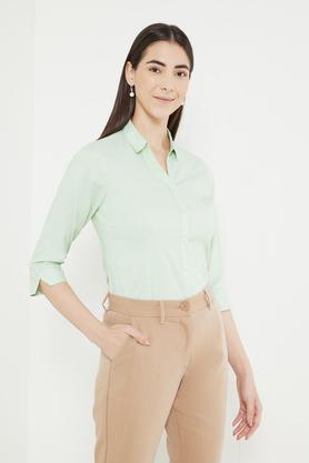 printed cotton collar neck women's shirt - green