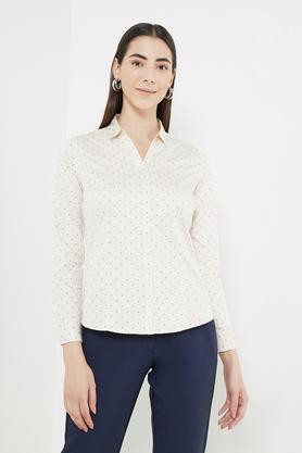 printed cotton collar neck women's shirt - natural