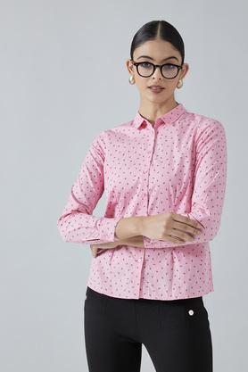 printed cotton collar neck women's shirt - pink