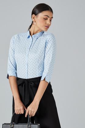 printed cotton collar neck women's shirt - sky blue