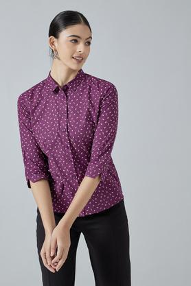 printed cotton collar neck women's shirt - wine