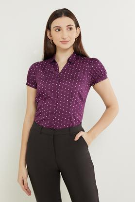 printed cotton collar neck women's shirt - wine