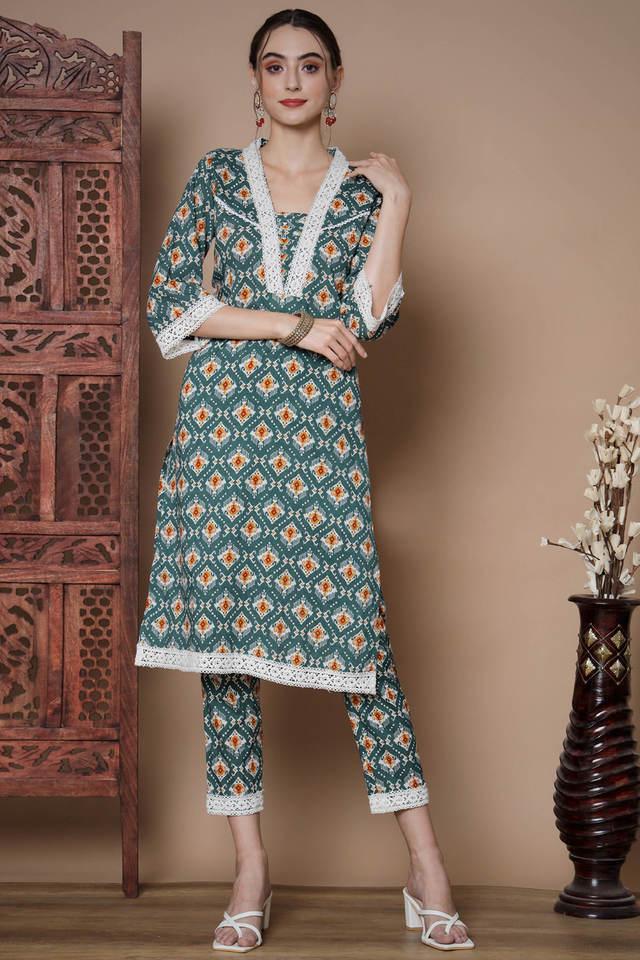 printed cotton collar neck womens kurta trouser set