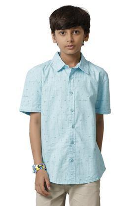 printed cotton collared boys shirt - blue