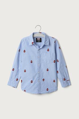 printed cotton collared boys shirt - blue