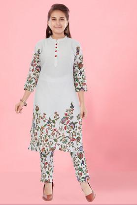 printed cotton collared girls kurta - white