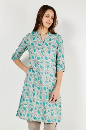 printed cotton collared women's casual wear kurta - aqua