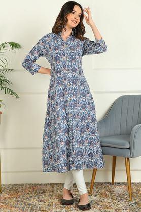 printed cotton collared women's casual wear kurta - blue