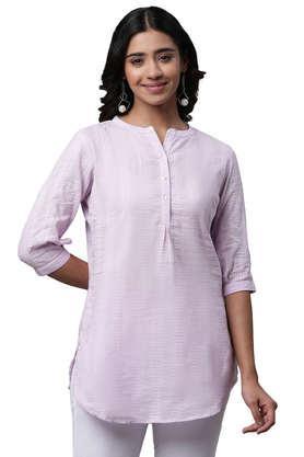 printed cotton collared women's casual wear kurti - purple