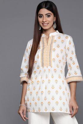 printed cotton collared women's casual wear kurti - white