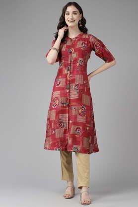 printed cotton collared women's party wear kurti - red