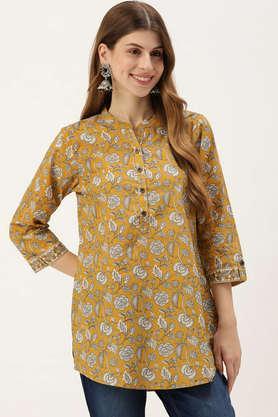 printed cotton collared women's tunic - yellow