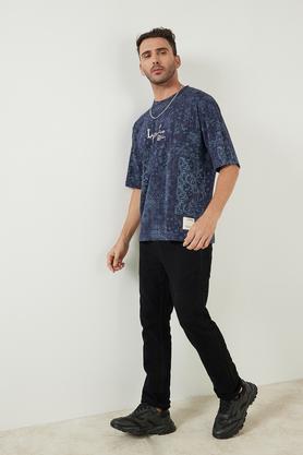 printed cotton crew neck men's t-shirt - navy