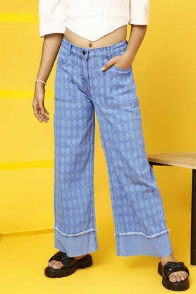 printed cotton flared fit girls jeans - blue