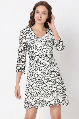 printed cotton flared fit women's mini dress - white