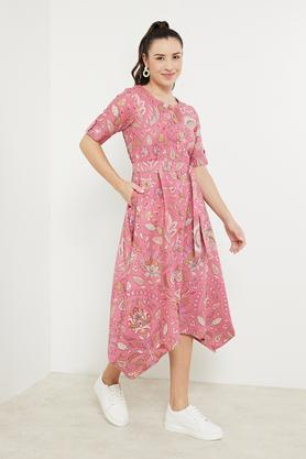 printed cotton flex boat neck women's ethnic dress - pink