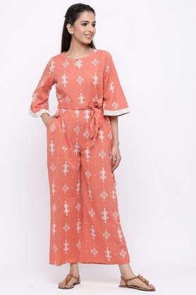 printed cotton flex halter neck women's jumpsuit - peach