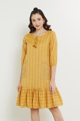 printed cotton flex round neck women's ethnic dress - yellow