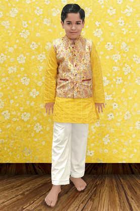 printed cotton full length boys kurta with pyjamas & nehru jacket - yellow
