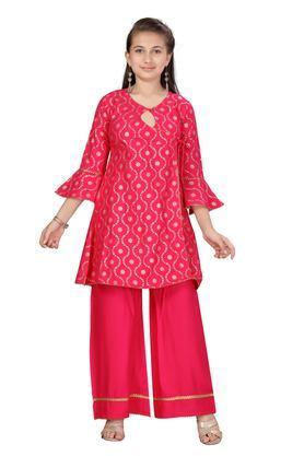 printed cotton full length girls kurta set - pink