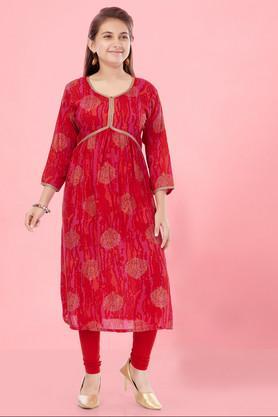 printed cotton full length girls kurta set - red
