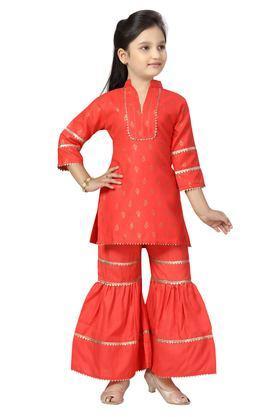 printed cotton full length girls kurta set - red