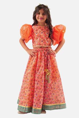 printed cotton girls lehenga choli set - orange