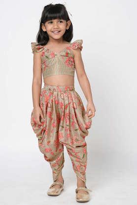 printed cotton girls top dhoti set - natural