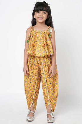 printed cotton girls top dhoti set - yellow