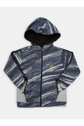 printed cotton hood boys casual jacket - blue