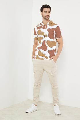 printed cotton hood men's t-shirt - cream