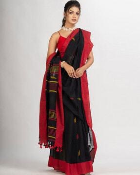 printed cotton jamdani saree with tassels