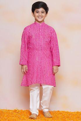 printed cotton knee length boys kurta set - pink
