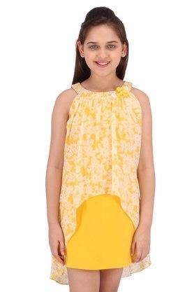 printed cotton knit & georgette round neck girls casual dress - yellow