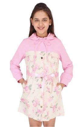printed cotton knit and denim hooded girls shift dress - pink