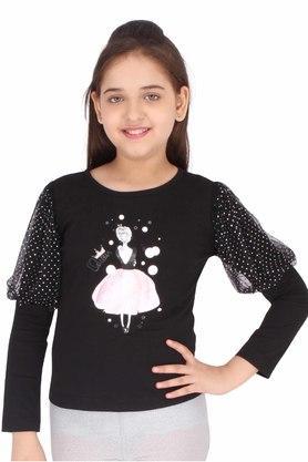 printed cotton knit and hot fix net round neck girls top - black