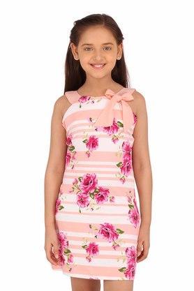 printed cotton knit square neck girls casual dress - peach