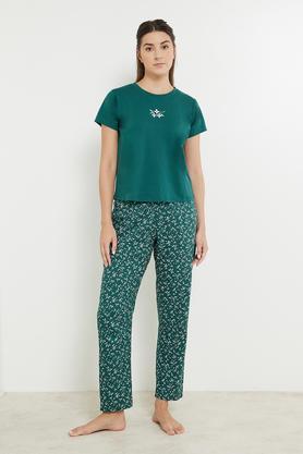 printed cotton knit women's top & pyjama set - dark green