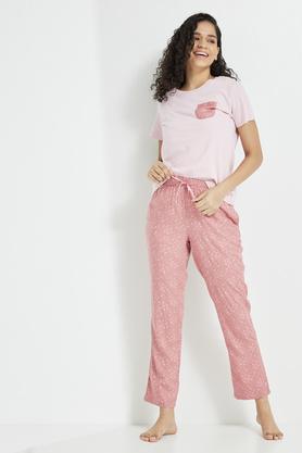 printed cotton knit women's top & pyjama set - dusty pink