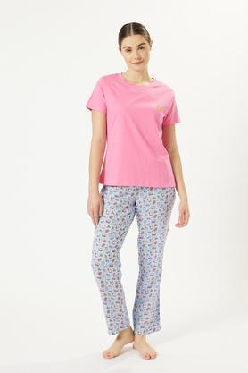 printed cotton knit women's top & pyjama set - pink